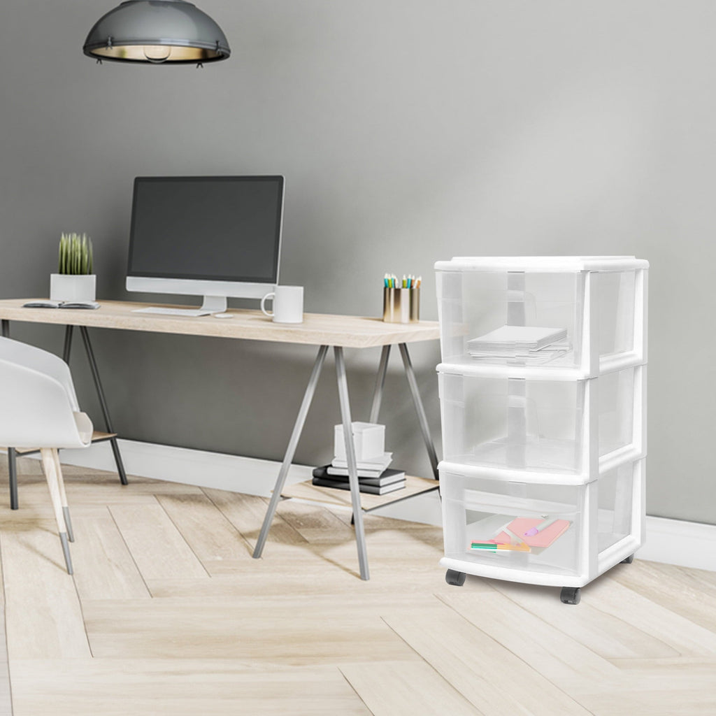 Drawer Tower, 3-Tier Clear Plastic Rolling Storage Cart, Removable Wheels, White