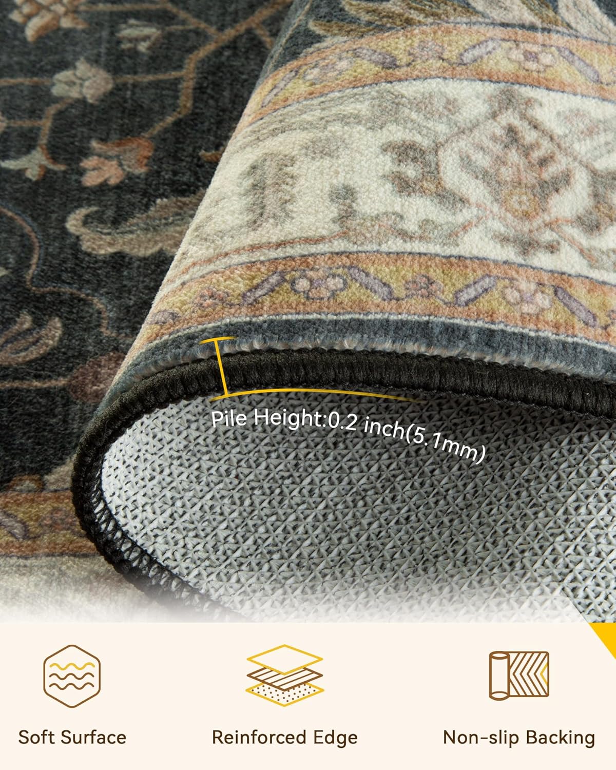 RELEANY Area Rugs 9'x12' Washable Non-Slip, Floral Vintage Distress Print Pattern Medallion Carpet for Living Room Bedroom Dining Room, Vintage Black Brown Neutral