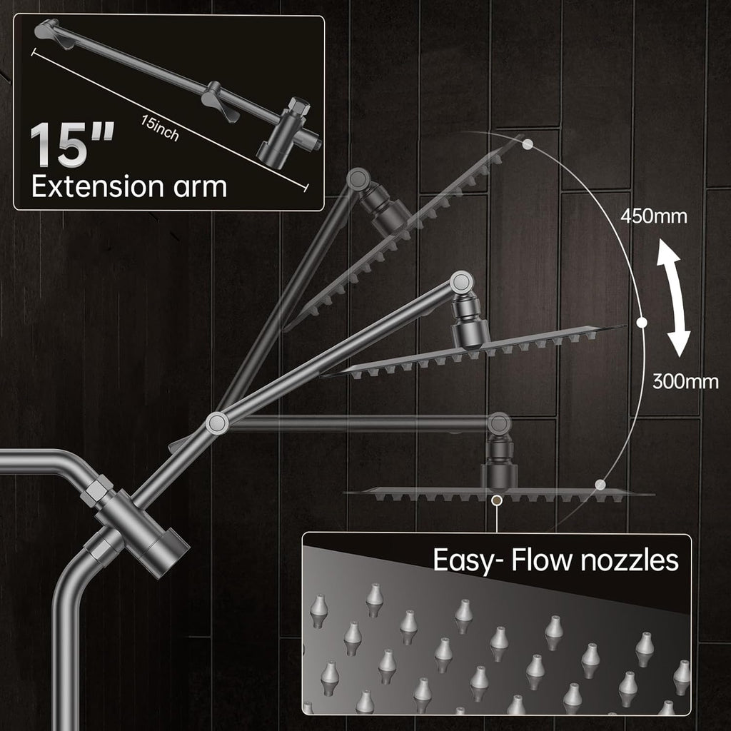 Veken All Metal 10" Gunmetal Gray Shower Head with Handheld, Luxurious Square Double Rain Shower Heads with Spray Combo, Dual High Pressure Detachable Rainfall Showerhead with Extension Arm, Long Hose