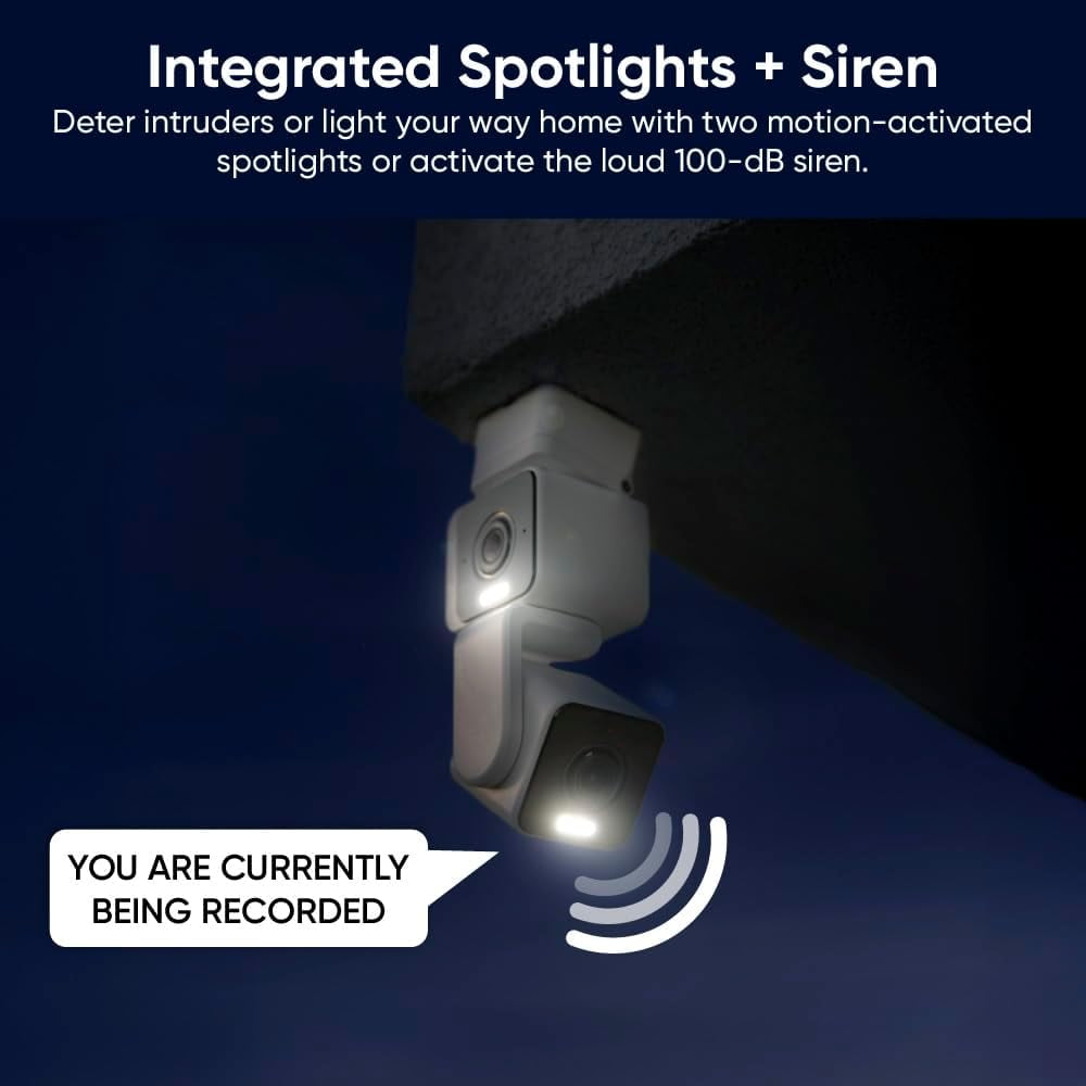 Duo Cam Pan Indoor/Outdoor Smart Security Camera 2K IP65 360° Pan/Tilt with Color Night Vision and Spotlight