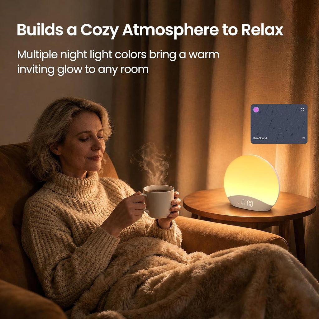 REACHER R7APP Smart Sunrise Alarm Clock with App Control, Custom Wake & Sleep Routines - Multi Sunrise Color, White Noise Sound Machine, Dimmable Display | Night Light, Screen-Free Sleep
