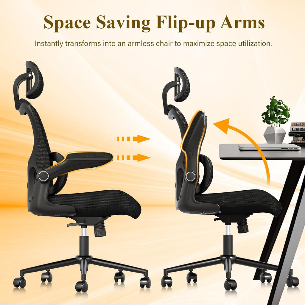 SUNNOW Ergonomic Office Chair, Comfy Mesh Desk Chair, High Back Computer Gaming Chairs with Adjustable Lumbar Support, Flip-Up Arms, Headrest, Tilt Function, Wide Cushion, Swivel Wheel, BIFMA Quality