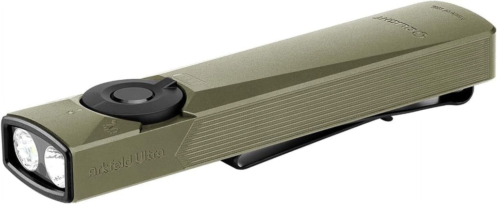 Arkfeld Ultra 1400 Lumens EDC Flat Flashlight, Rechargeable Compact Pocket Flash Light Combines White LED, UV and Green Beam, Triple Sources Perfect for Checking, Working (Olive-Green)