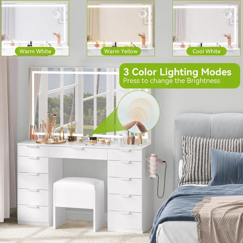 Moasis 46 Vanity With Built-in Socket With Illuminated Mirror and Hair Dryer Rack - 55.8 H X 46 W X 11.7 D