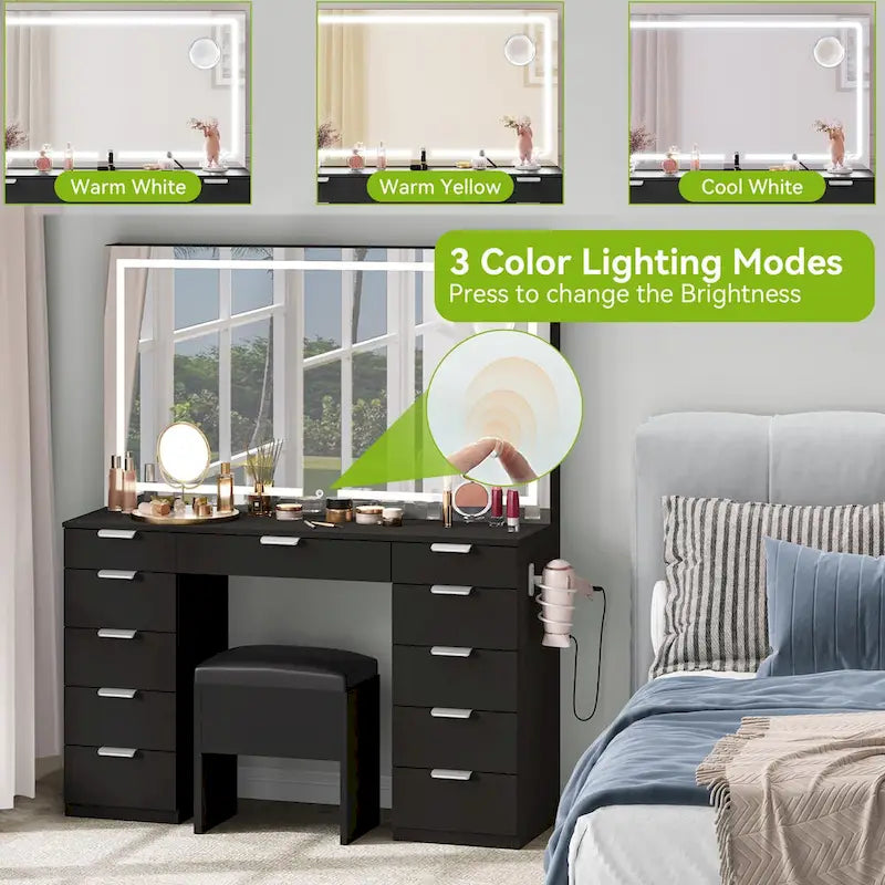 Moasis 46 Vanity With Built-in Socket With Illuminated Mirror and Hair Dryer Rack - 55.8 H X 46 W X 11.7 D
