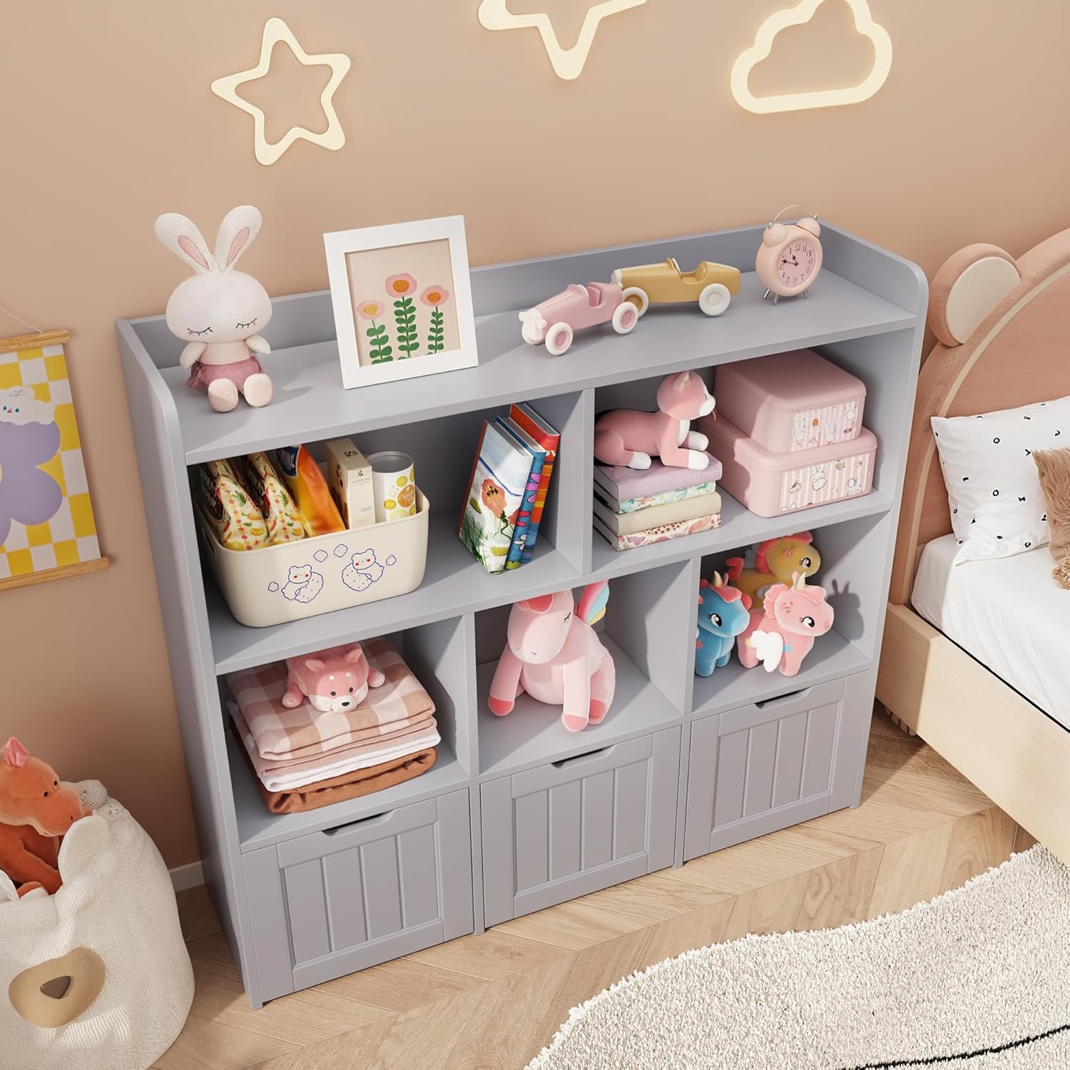 Gizoon Toy Storage Cabinet and Kids Bookcase with 3 Movable Drawers and 6 Open Shelves Featuring Fall Prevention Barrier for Playroom Nursery Kids Room Organization, Gray