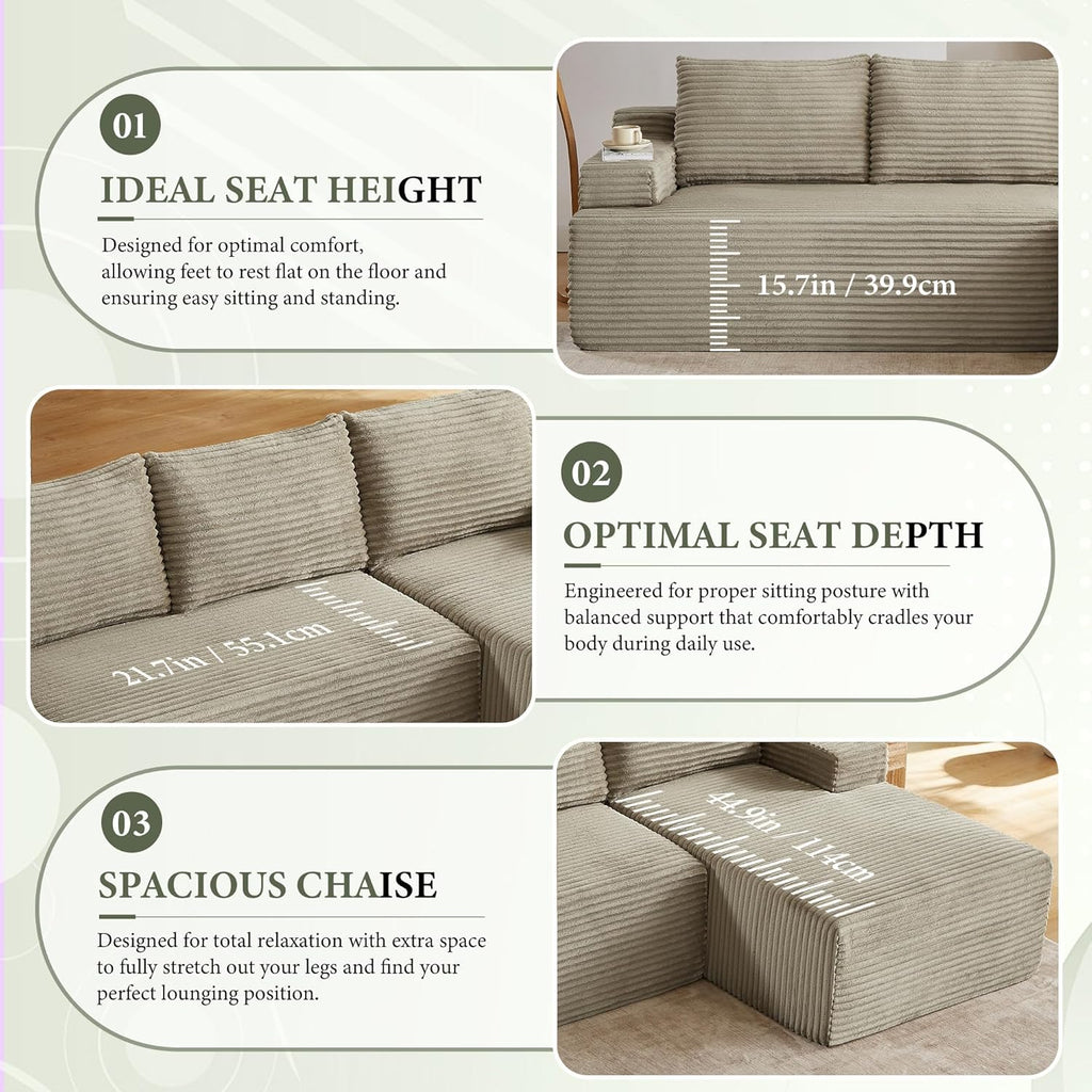 96" Sectional Couches for Living Room Cloud Couch Sofa with L-Shape Upholstered Boneless Couchs Modern Modular Sectional Couch with Chaise (Camel, 96" W+Right Facing Chaise+2Seaters)