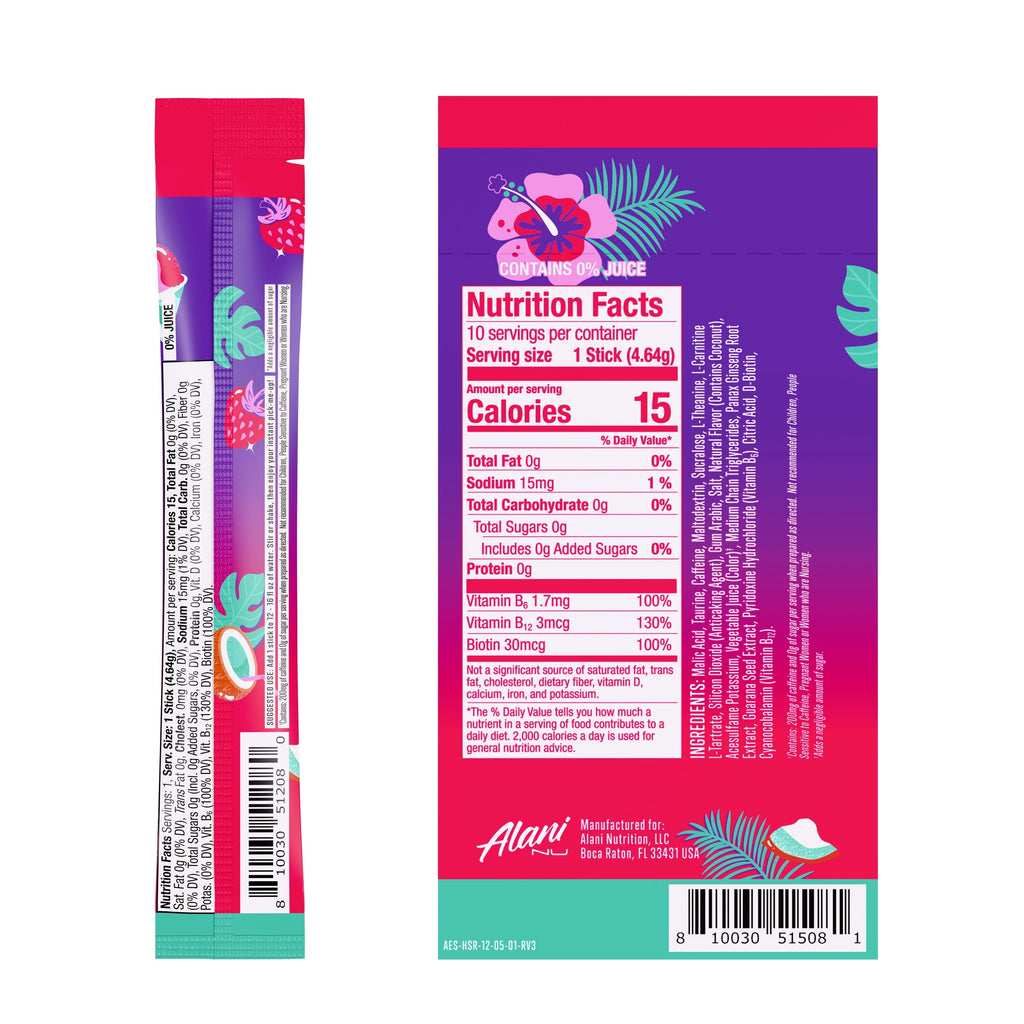 Energy Sticks, Hawaiian Shaved Ice, 10 Count, 200mg Caffeine, Zero Sugar