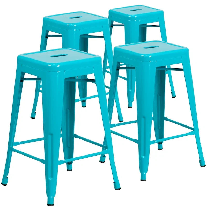 4 Pack 24H Backless Metal Indoor-Outdoor Counter Height Stool w/Square Seat