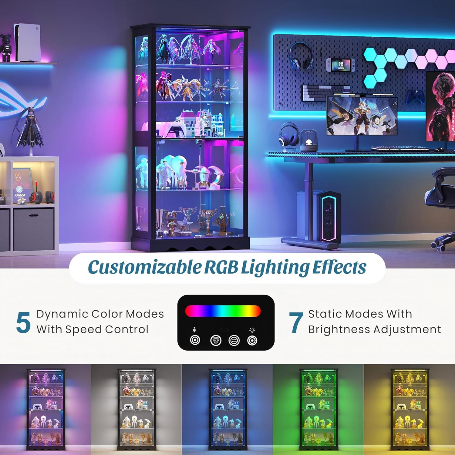 Display Cabinet with Glass Doors, 71'' Tall Curio Cabinet with RGB Lights for Collectibles, LED Display Case with Removable Shelf for Book/Medal/Figure, Black