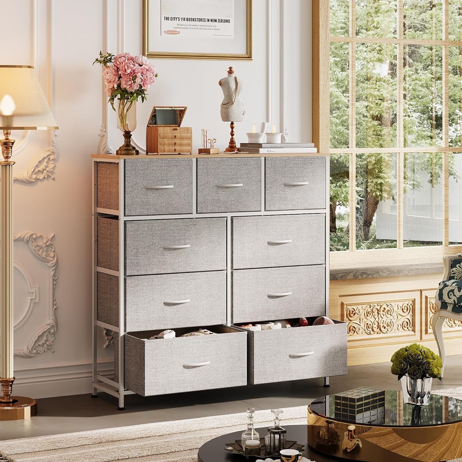 Dresser, Storage Organizer with 9 Drawers for Bedroom, Chest of Drawer with Fabric Bin, Sturdy Metal Frame, Wood Top for Closet, Nursery,Black