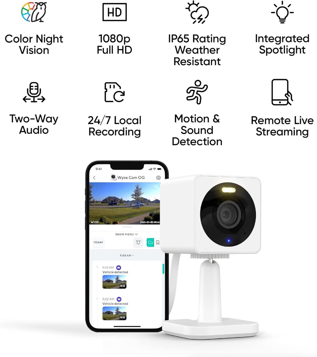 Cam OG Security Camera Bundle with FREE 32gb MicroSD Card, Indoor/Outdoor 1080p, Wi-Fi Smart Home Security Camera with Color Night Vision, Built-in Spotlight, Motion Detection, 2-Way Audio