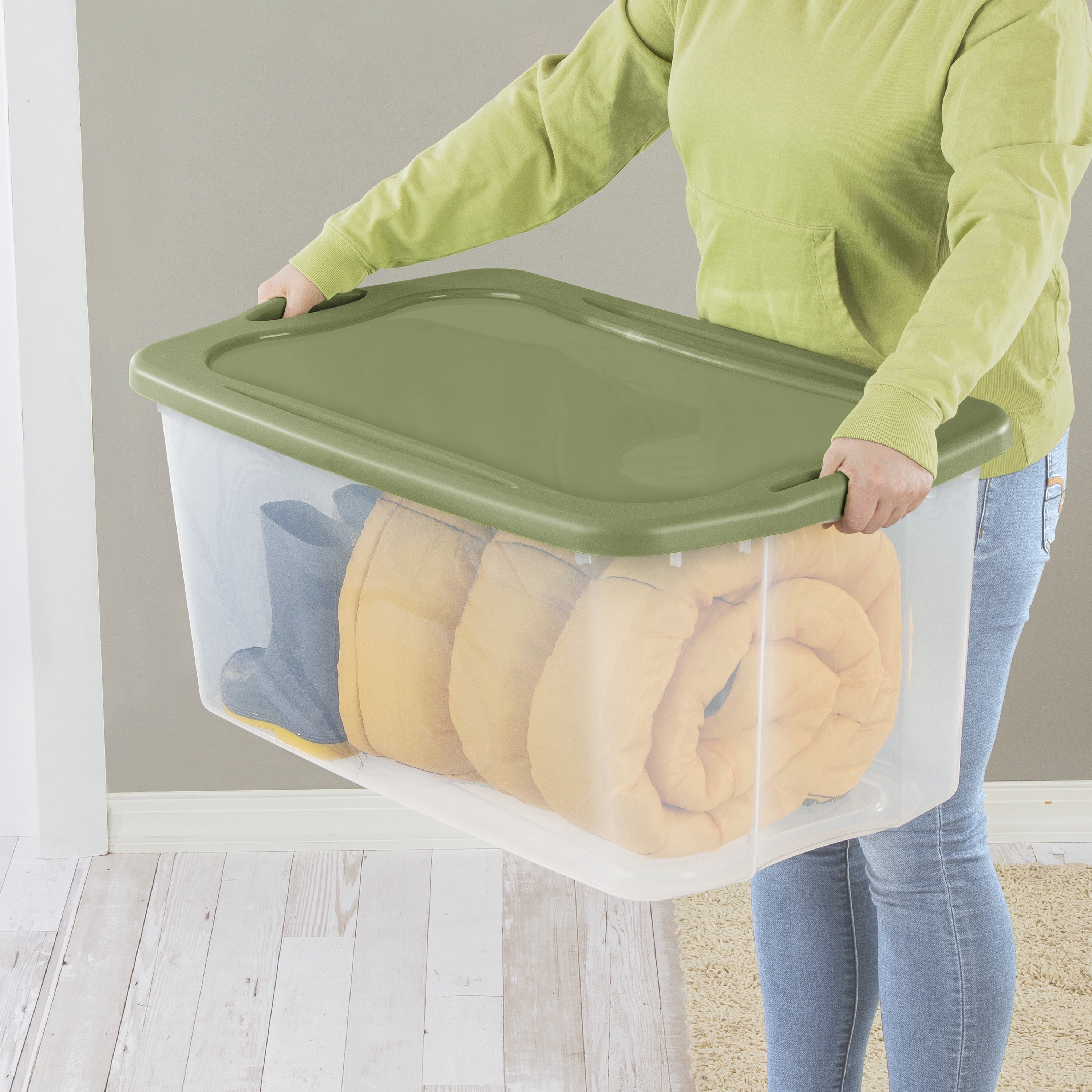 EZ Carry 120 Quart Extra-Large Storage Bin, Clear Plastic Storage Container with Full-Grip Handles, Green