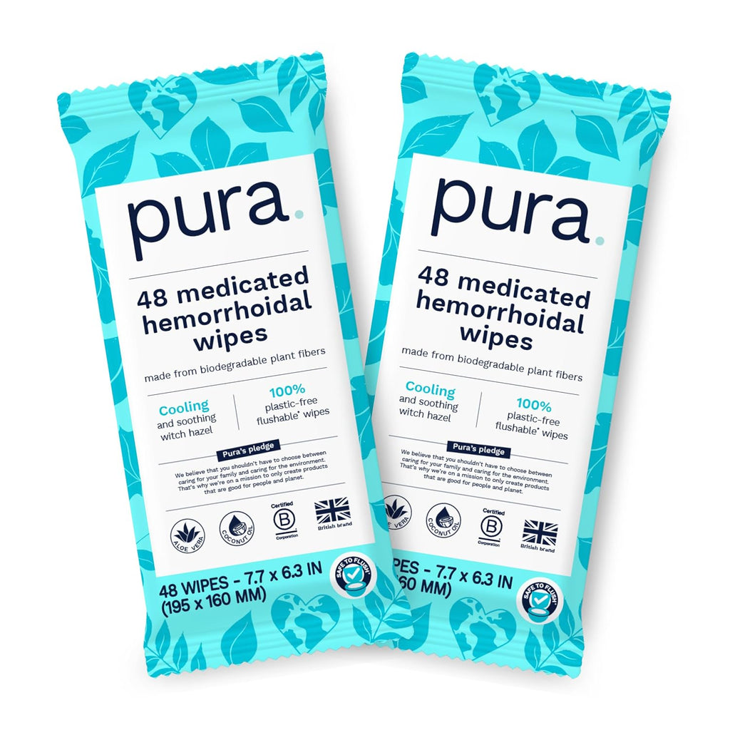 Pura XL Flushable Medicated Wipes for Hemorrhoid Relief, Extra-Large, Fragrance-Free Wet Wipes with Witch Hazel, Coconut Oil & Aloe, Skin Soothing, 96 Wipes (2 Packs)