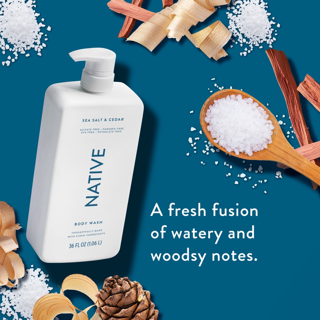 Body Wash, Sea Salt & Cedar, Sulfate Free, Naturally Derived Ingredients, 24hr Freshness, for Women & Men, 36 fl oz