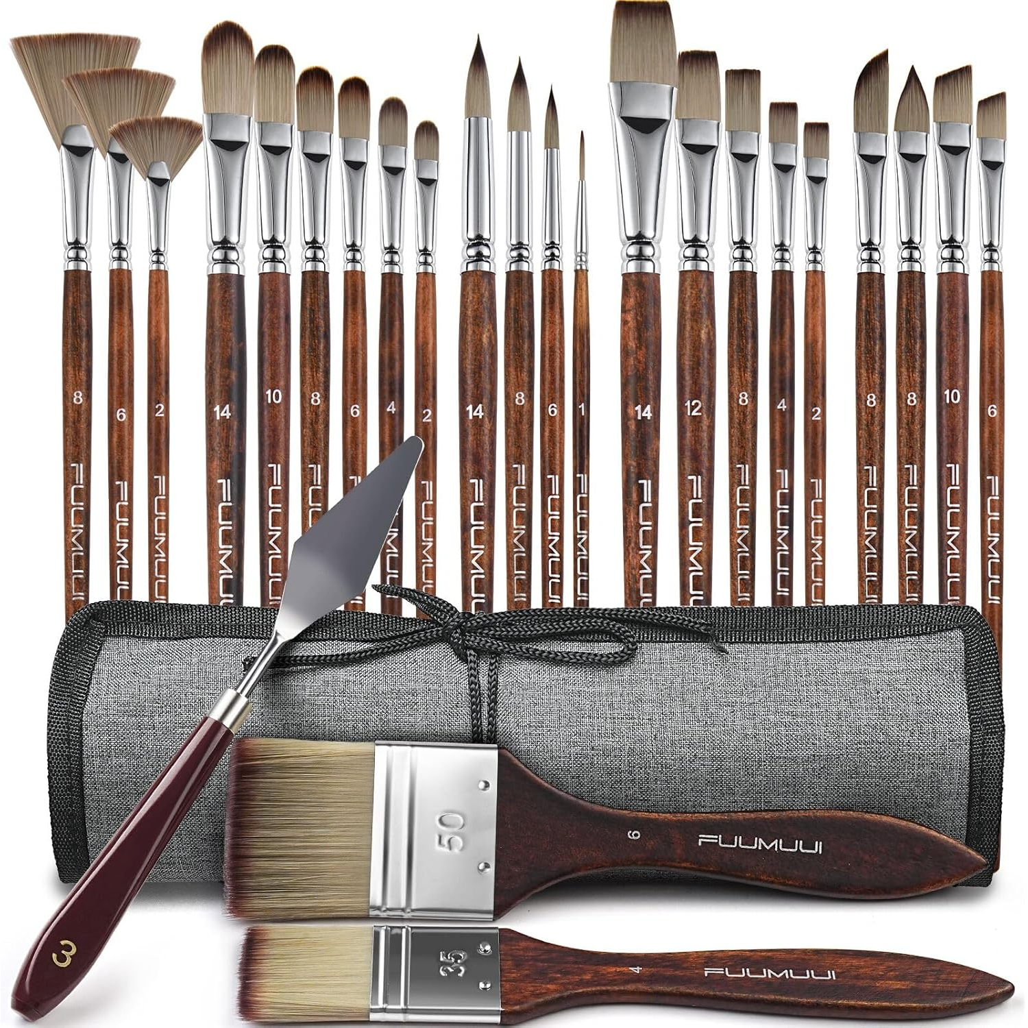 25pcs Paint Brush Set, Professional 9 Shapes with Wide Flat, Filbert, Fan, Dagger, Cat Tongue, Round, Angle, ...