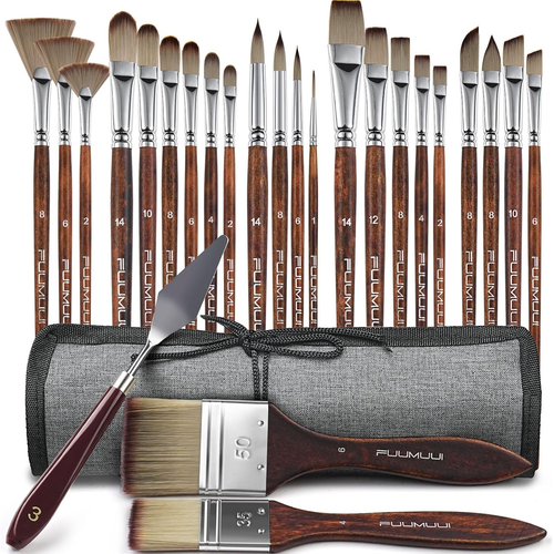25pcs Paint Brush Set, Professional 9 Shapes with Wide Flat, Filbert, Fan, Dagger, Cat Tongue, Round, Angle, ...