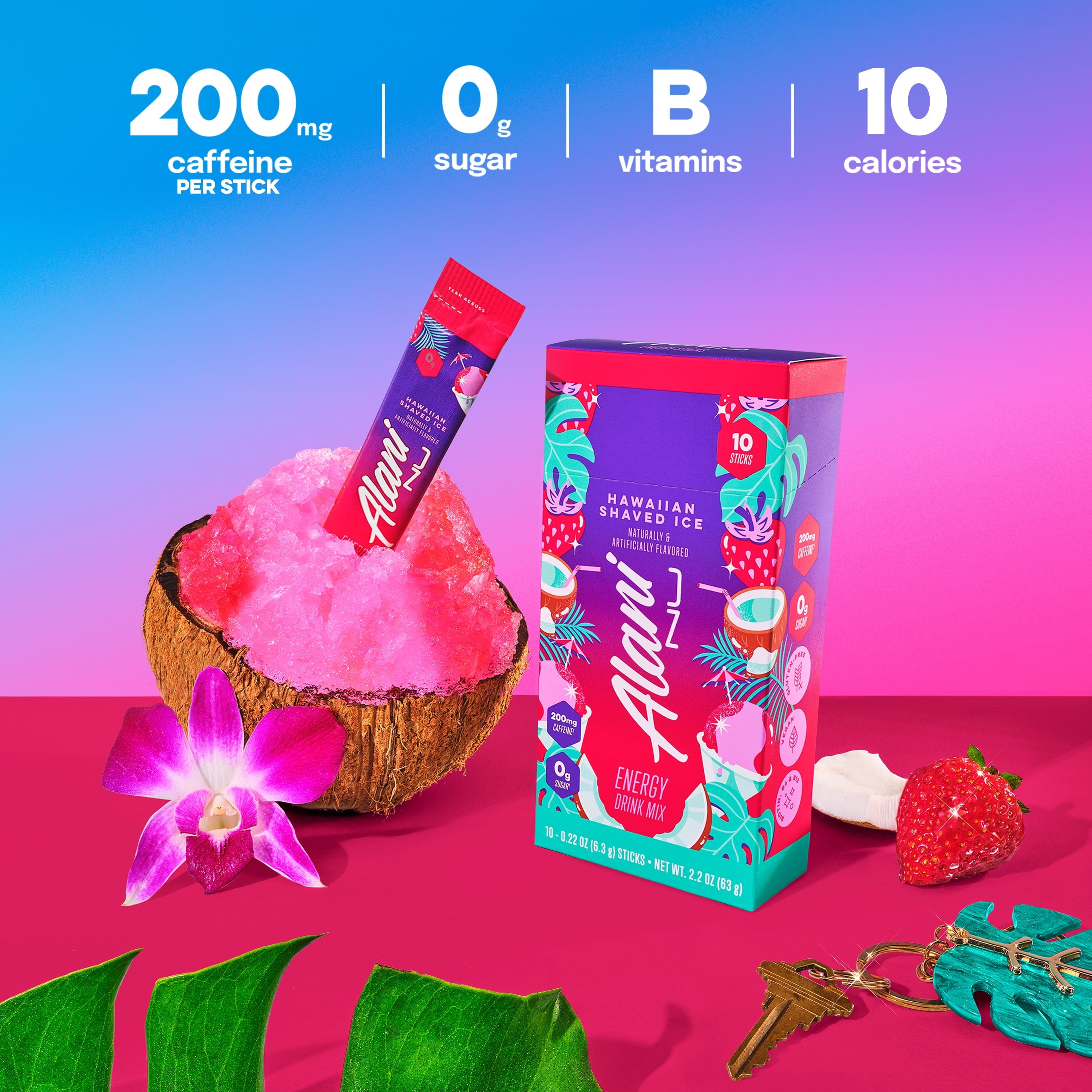 Energy Sticks, Hawaiian Shaved Ice, 10 Count, 200mg Caffeine, Zero Sugar