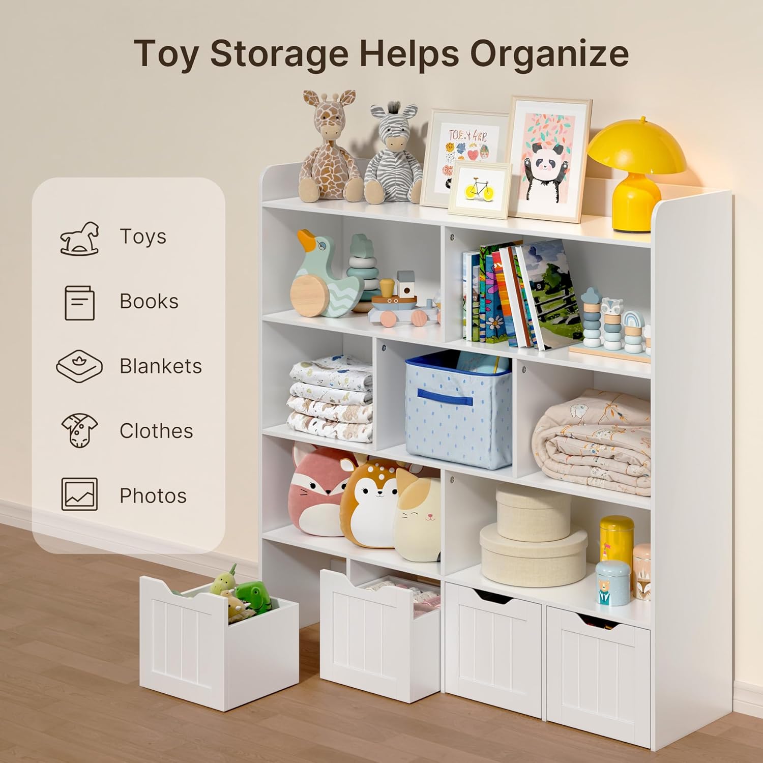 Gizoon Toy Storage Cabinet and Kids Bookcase with 4 Movable Drawers and 8 Open Shelves Toy Chest Shelf Organizer with Hidden Wheels for Playroom Nursery Kids Room, White