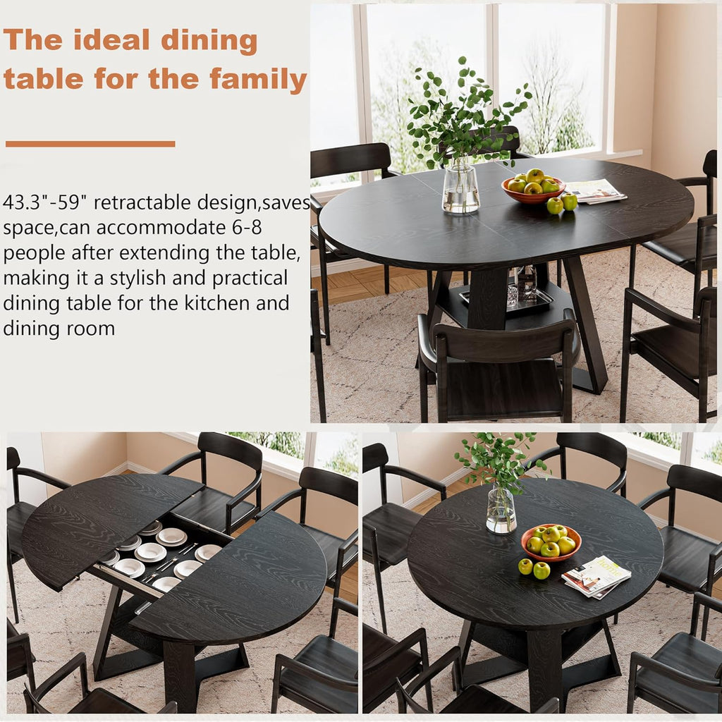 43.3in-59in Extendable Round Dining Table for 2-8,Modern Kitchen Oval Dining Table with Removable Leaves Space Saving,Wood Base with Storage Shelf for Kitchen Living Room (Black Style 3)
