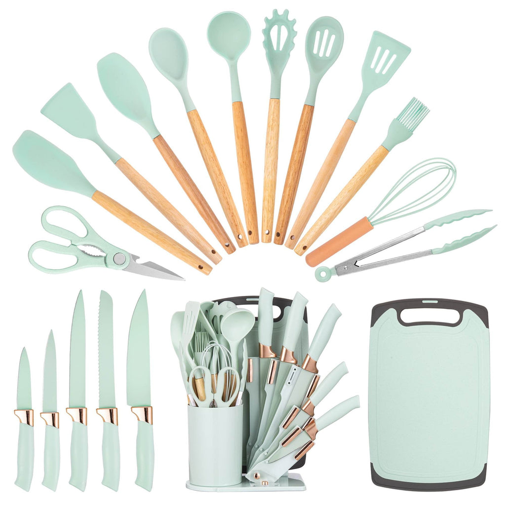 19-Piece Silicone Kitchen Utensil & Knife Set - Heat-Resistant Cooking Tools Non-Stick Safe Gift for Mom or Women Black