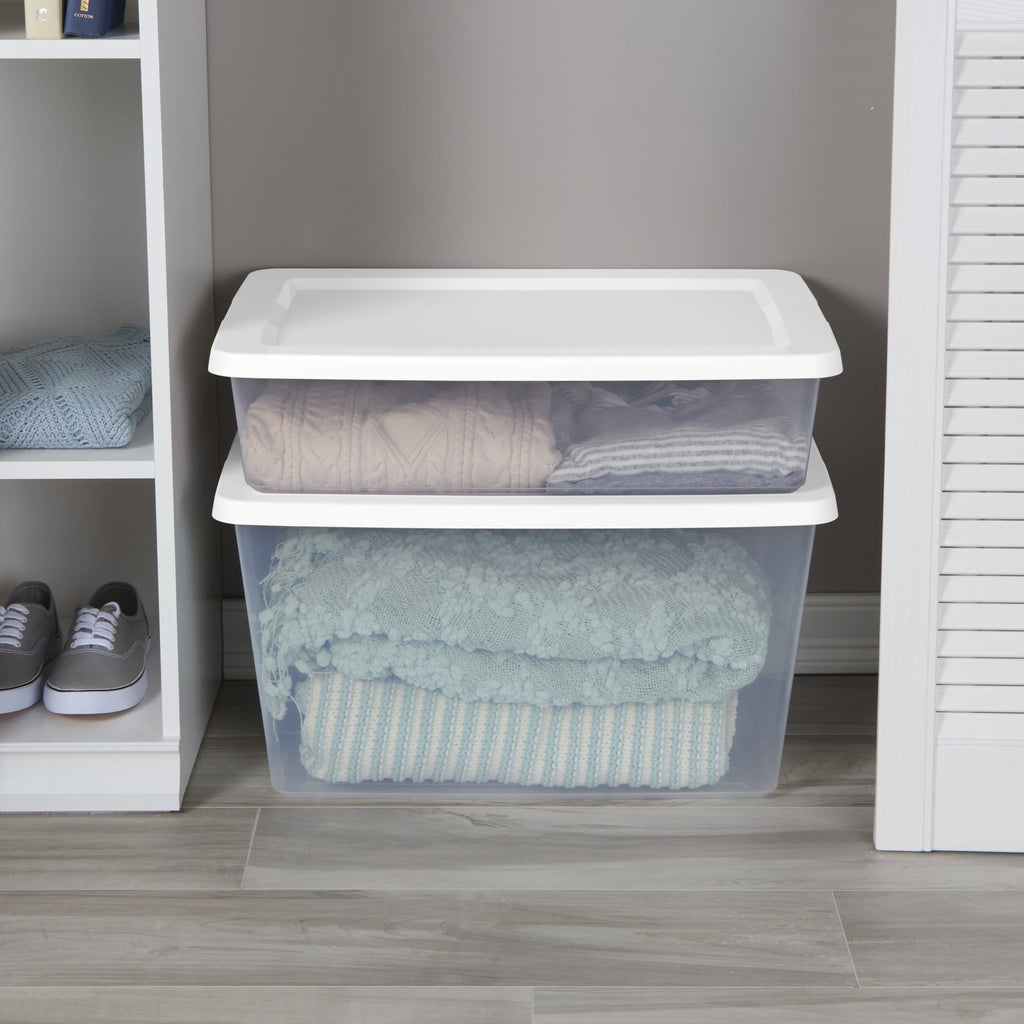 20 Quart Small Storage Bin, Clear Plastic Storage Container with Snap-On Lid, White
