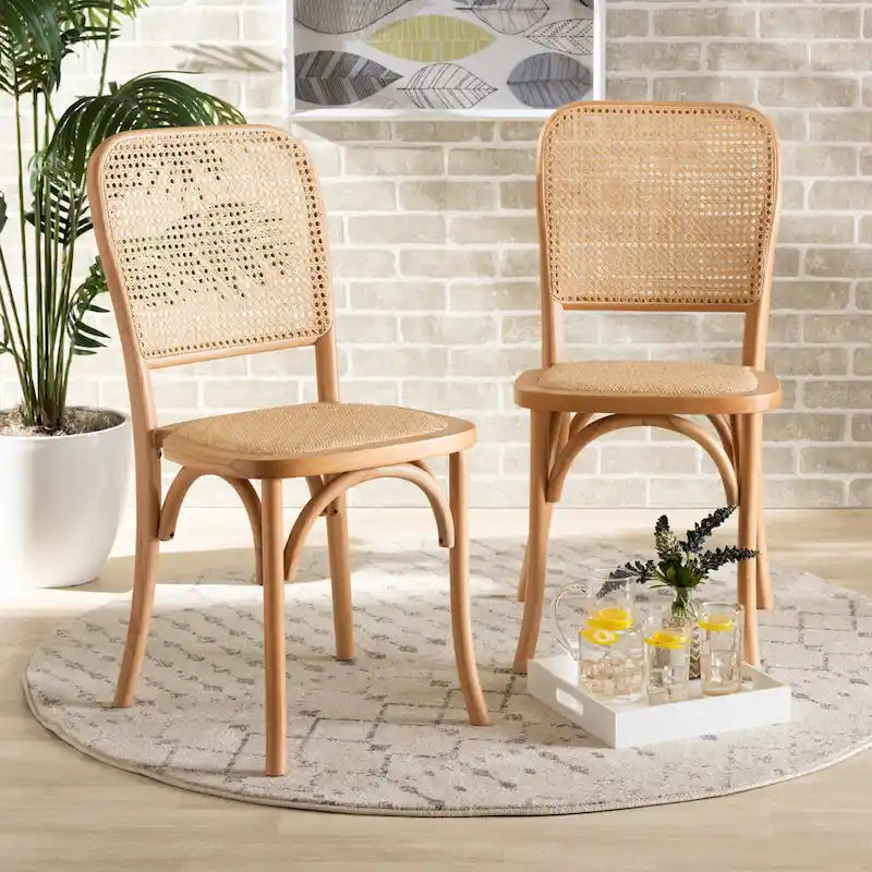 Neah Mid-Century Modern 2-Piece Woven Rattan and Wood Dining Chair Set