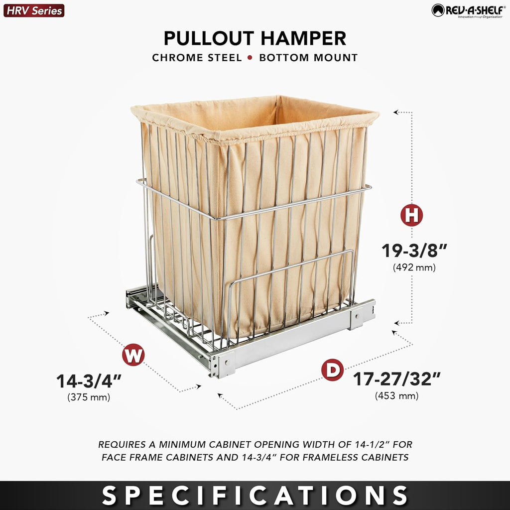 Rev-A-Shelf Pullout 20 Inch Deep Cabinet Floor Steel Mounted Clothes Laundry Hamper with Full Extension Slides, Chrome, HRV-1520 S CR - Hidden Storage Basket Organizer for Laundry Room and Bathroom