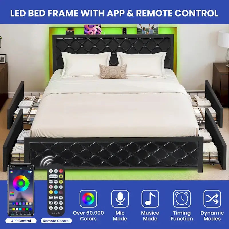 Moasis Queen Size PU Bed Frame LED Upholstered Platform Bed Frame