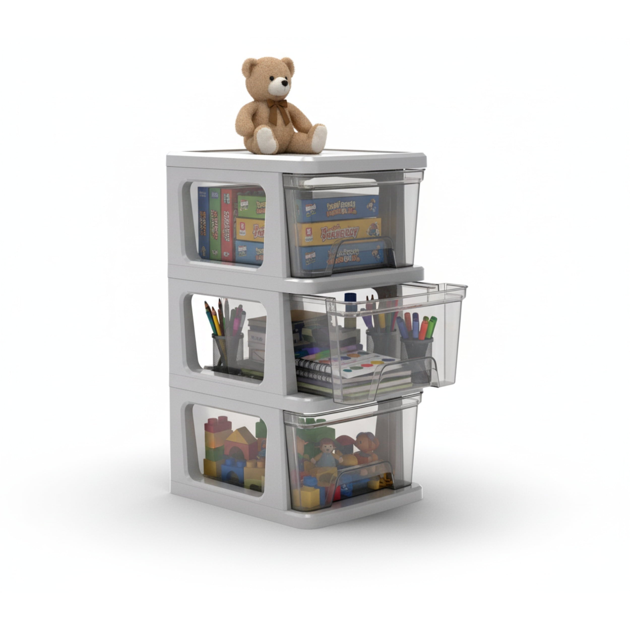 Knock Down Medium Storage Cart with Drawers, Silver Plastic