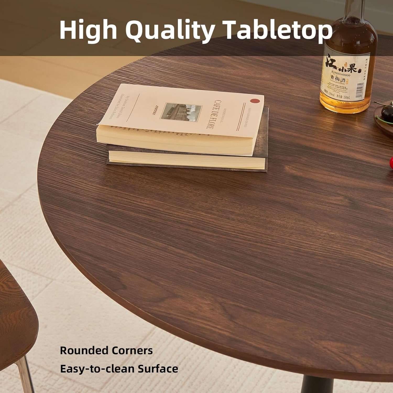 Round Dining Table, 31.5" Circle Tulip Table with Thickened Tabletop & Metal Pedestal, Mid Century Modern Bistro Table for Kitchen, Small Places, Living Room, Cafe (Faux Walnut)
