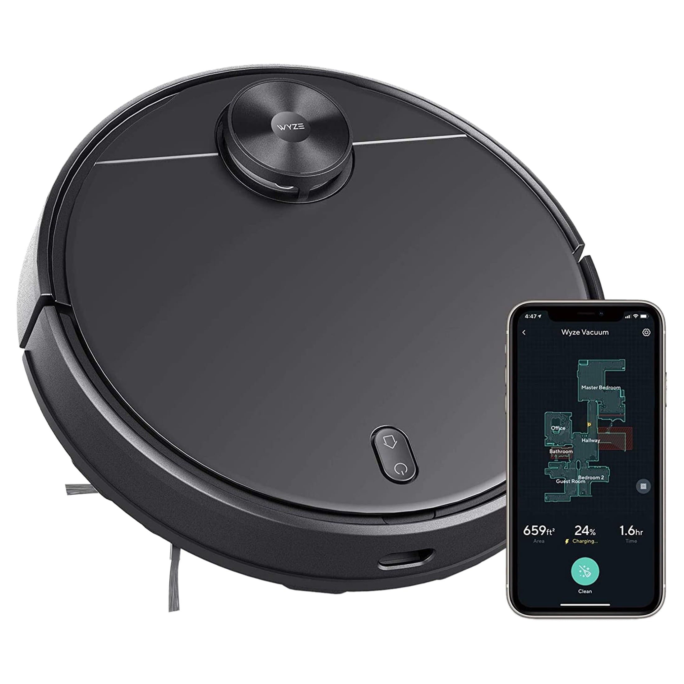 Box Wyze Wi-Fi Connected Robotic Vacuum with LiDAR Room Mapping, Ideal for, Hard Floors and Carpets