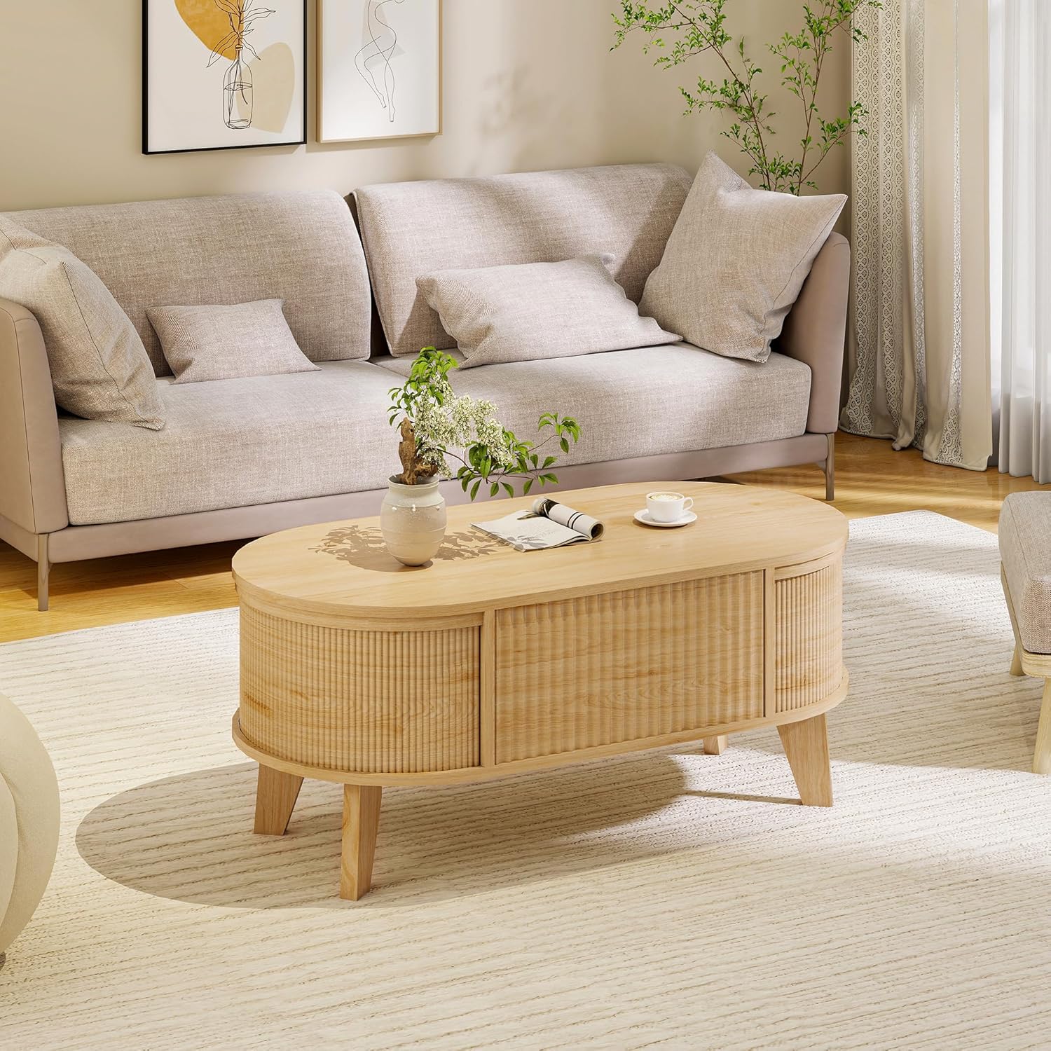 LYNCOHOME Fluted Lift Top Coffee Table with Storage,Modern Oval Coffee Table for Living Room Or Home OfficeNatural