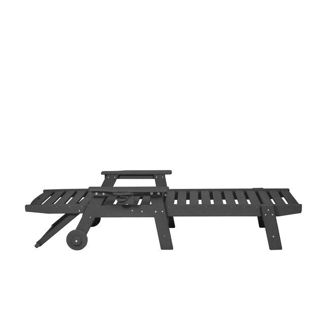 3-Piece Patio Set 2 Oversized Chaise Lounges (5-Position, Wheels, Cup Holder) + Side Table, All-Weather Wood Texture.
