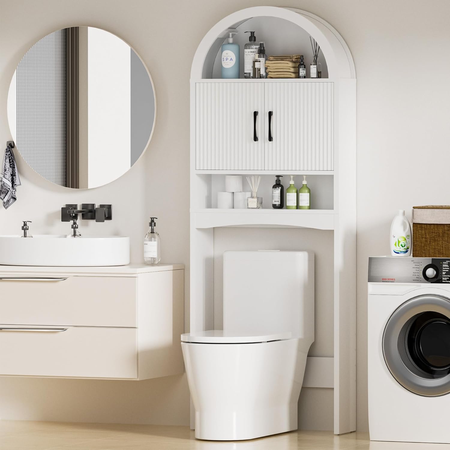Spurgehom Over The Toilet Storage Cabinet, Bathroom Shelf Organizer Freestanding, Bathroom Arch Cabinet Over Toilet with Toilet Paper Holder and Anti-Tipping Device (Narrow Style-White)
