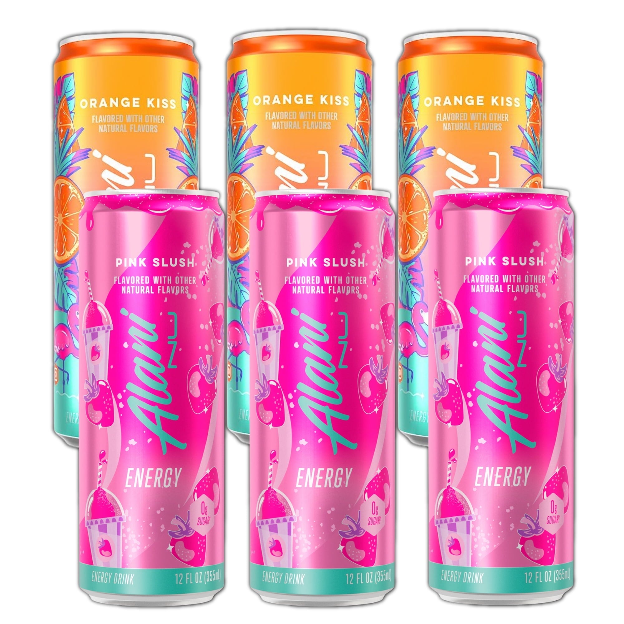 Energy Drinks Pink Slush & Orange Kiss Flavor Zero Suger, Low - Calorie, Energy Boost Drinks 12 oz (6 Pack)