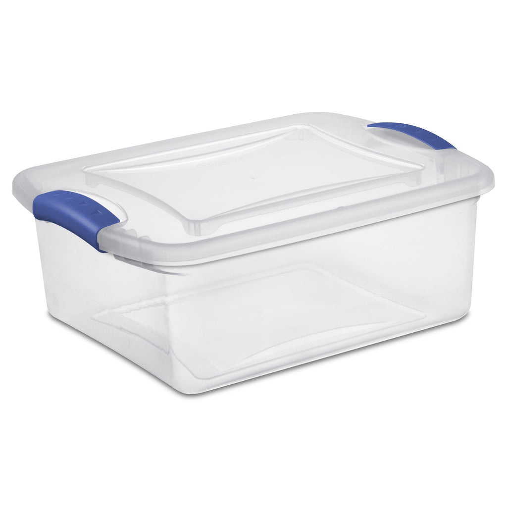 15 Quart Small Latching Storage Bin, Clear Plastic Storage Container with Latch Lid, Blue
