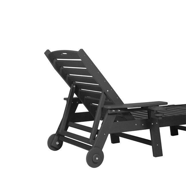 3-Piece Patio Set 2 Oversized Chaise Lounges (5-Position, Wheels, Cup Holder) + Side Table, All-Weather Wood Texture.