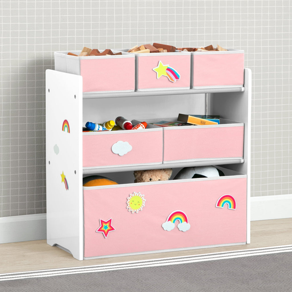 Design & Store 6 Bin Toy Storage Organizer with Interchangeable Patches, Green/Pink