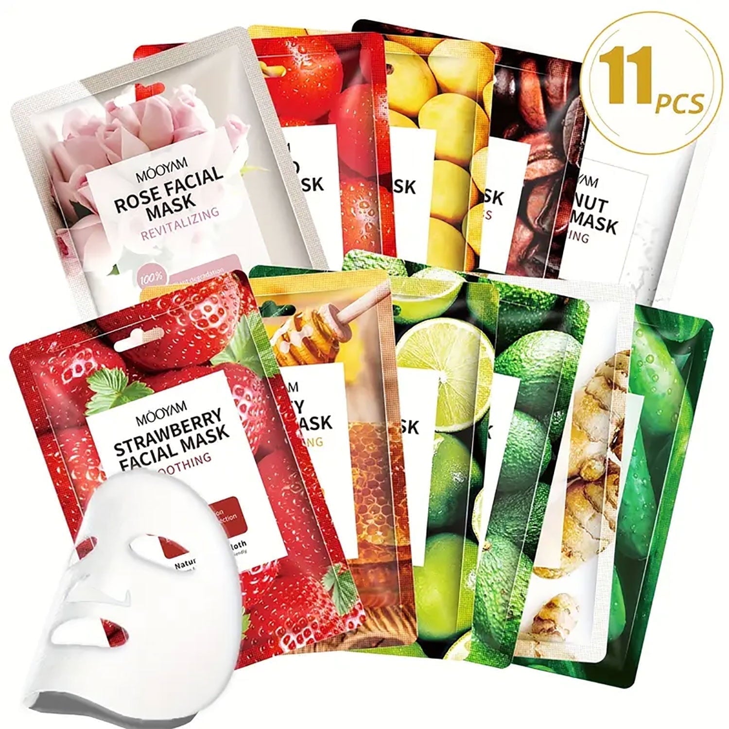 11 Pack Fruit Moisturizing Facial Mask Sheet, Rich in Fruit Essence Face Mask to Brighten and Hydrate Dull Skin