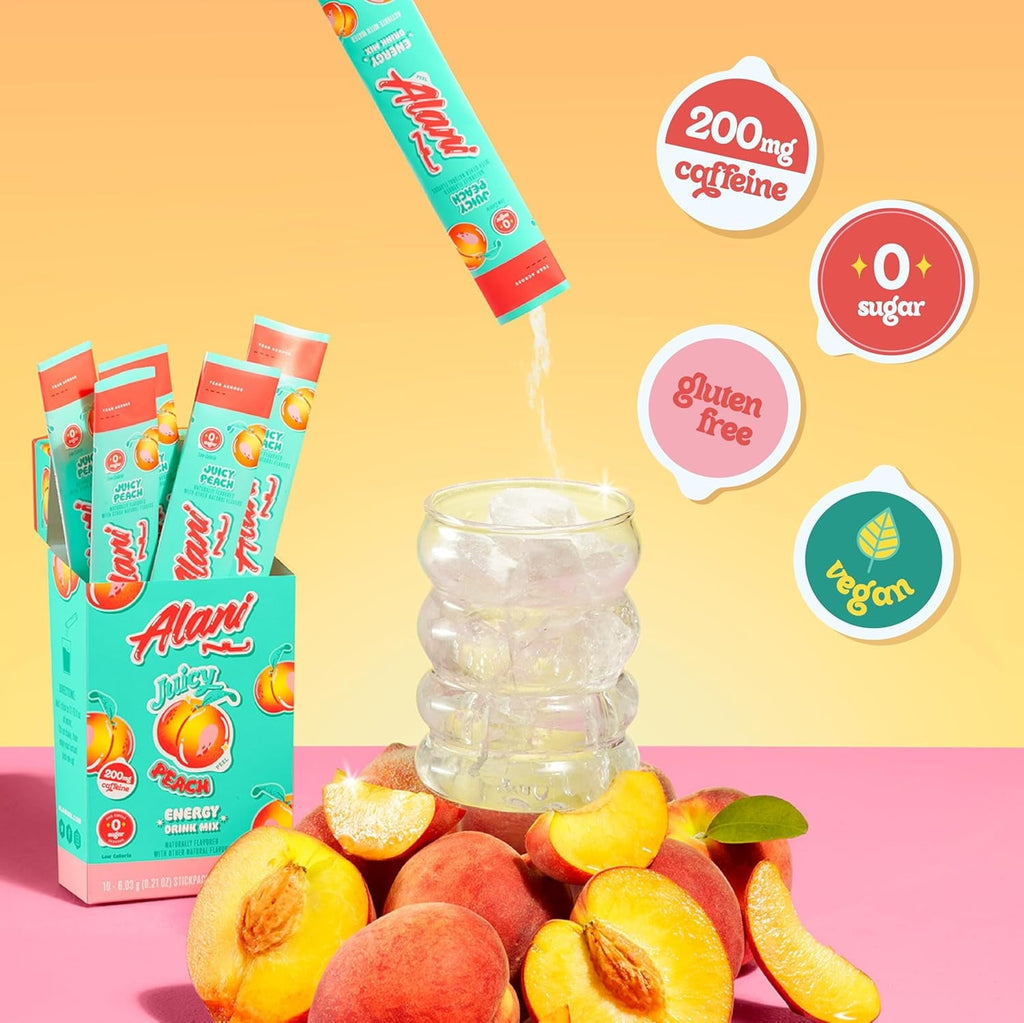 (12 pack) Alani Nu Energy Sticks, Juicy Peach, 10 Count, 200mg Caffeine, Zero Sugar