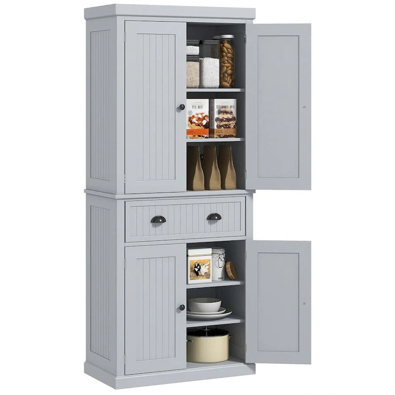 72 Kitchen Pantry Storage Cabinet, Traditional Freestanding Cabinet with 4 Doors and 3 Adjustable Shelves, Large Central Drawer