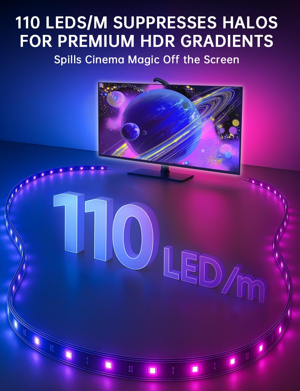 14.76ft TV LED Backlight with Screen Sync Sensor, App Control RGB Strip for 55-65" TVs, Game & Movie Color Changing
