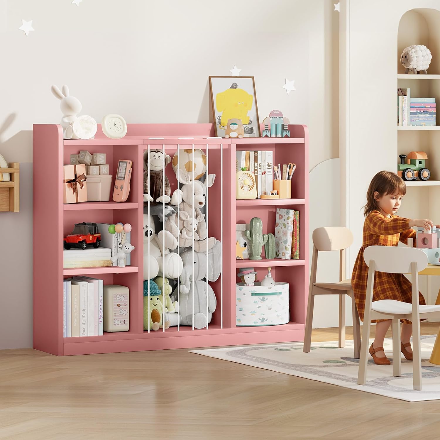 Toddler Stuffed Animal Zoo, Toy Storage Organizer for Playroom, Plush Toy Organizers and Storage, Book Shelf for Kids Rooms, Elastic Band Child Bookcase, Toy Shelf with 8 Storage Cubbies (Pink)