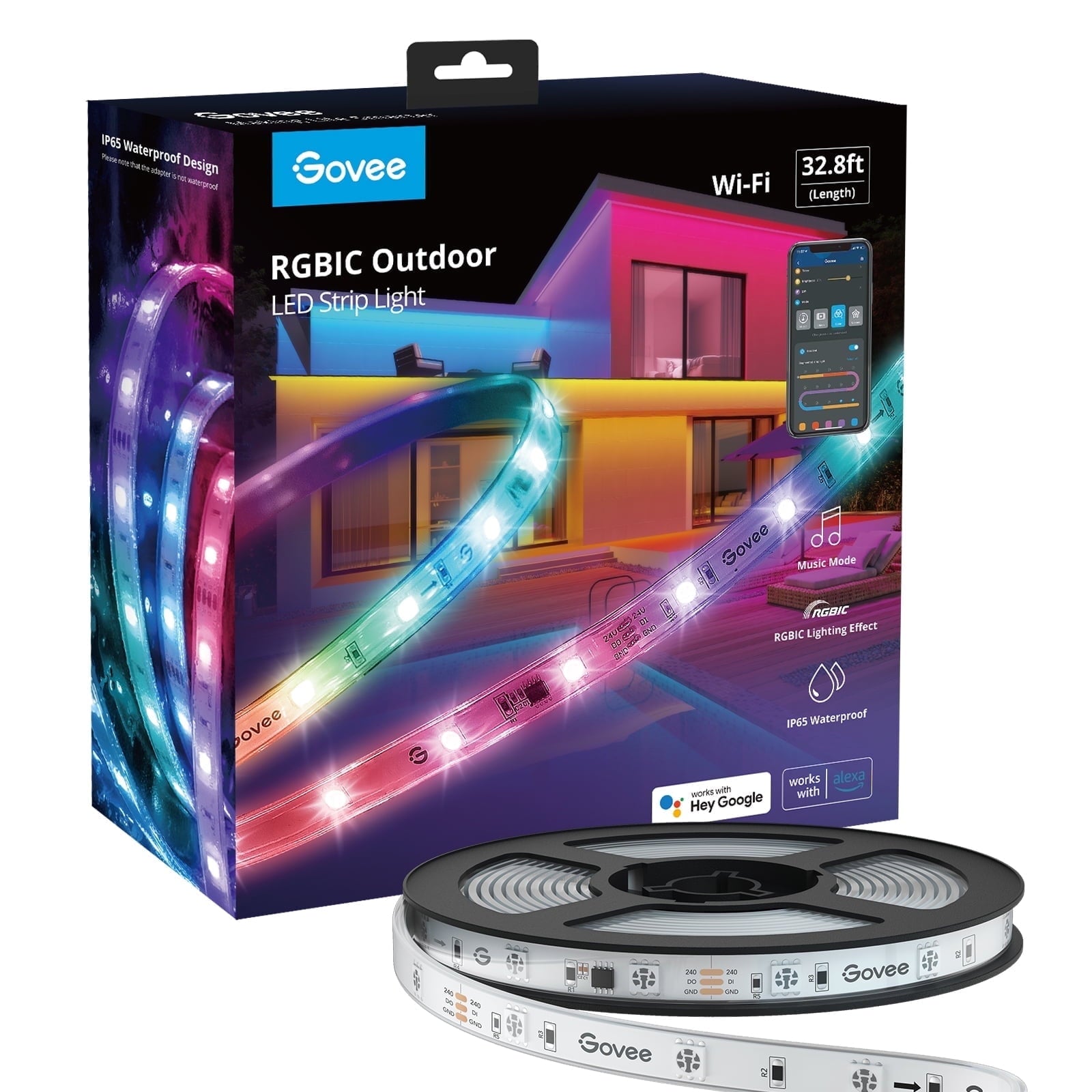 32.8ft RGBIC Outdoor LED Strip Light with Warm and Cold White, WiFi Smart Lights Outdoor, IP65 Waterproof, Work with Alexa and Google Assistant, Remote Control