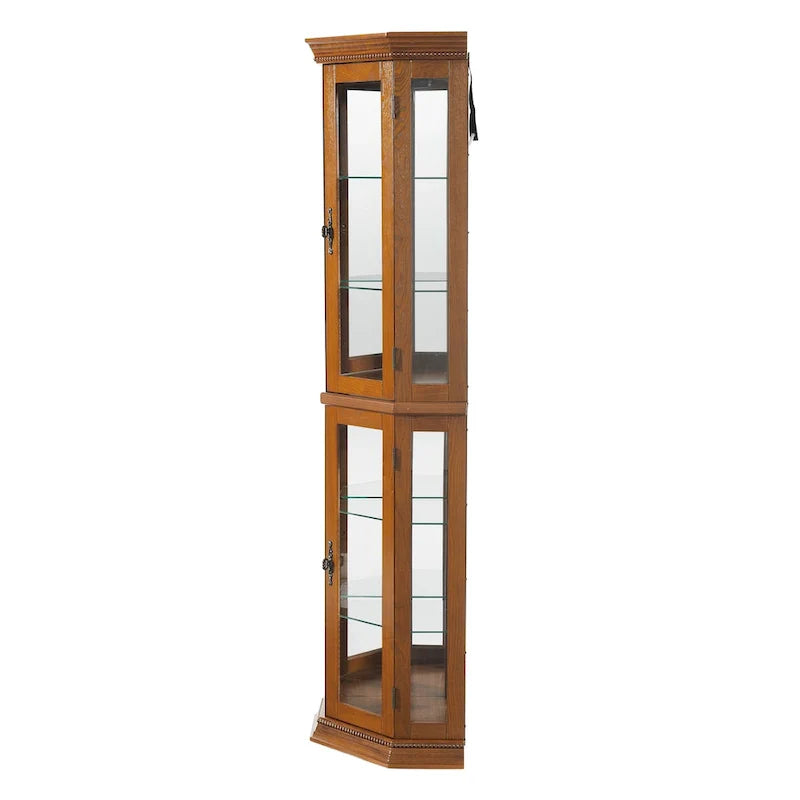Corner Curio Cabinet with Lights, Adjustable Tempered Glass Shelves, Mirrored Back, Display Cabinet