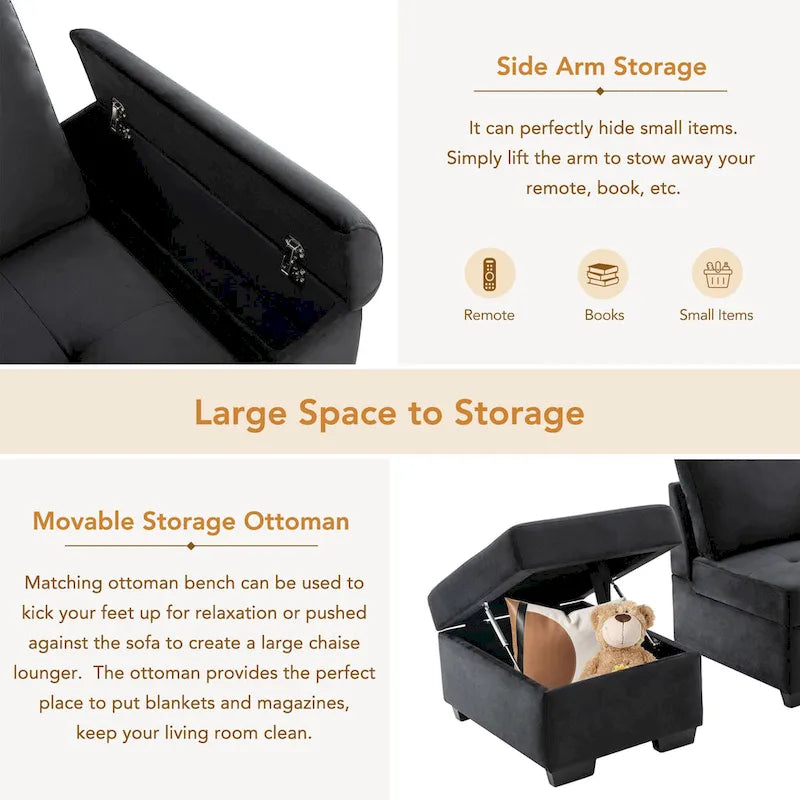 84.75 L-Shaped 5-Seat Sleeper Sectional Sofa with Storage Ottoman, Hidden Arm Storage, and USB Charging for Living Room