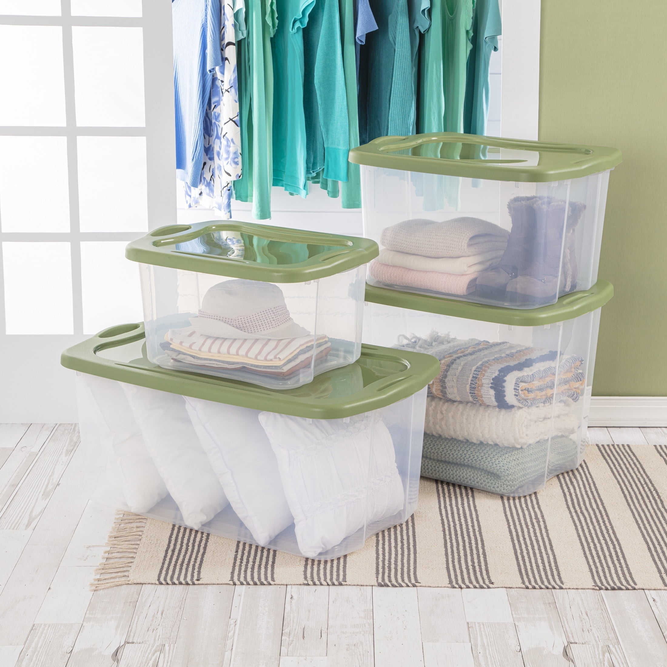 EZ Carry 70 Quart Large Storage Bin, Clear Plastic Storage Container with Full-Grip Handles, Green
