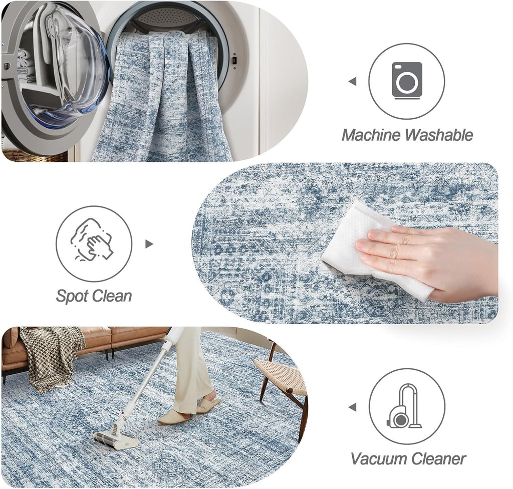 Soalmost 9x12 Area Rugs for Living Room, Non Slip Machine Washable Vintage Rugs, Low Pile Lightweight Large Rug for Bedroom, Dining Room, Home Office Blue