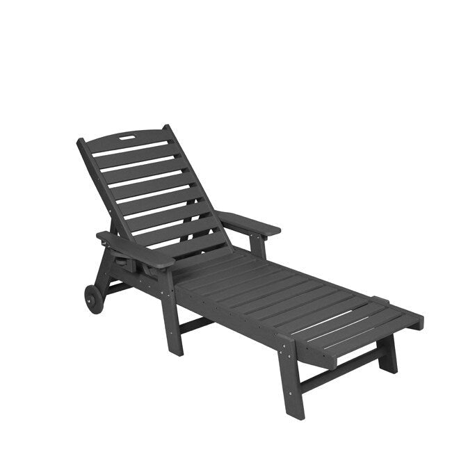 3-Piece Patio Set 2 Oversized Chaise Lounges (5-Position, Wheels, Cup Holder) + Side Table, All-Weather Wood Texture.